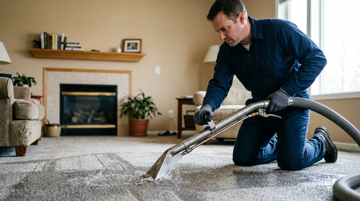 Water damage restoration technician working in a home in Alabama